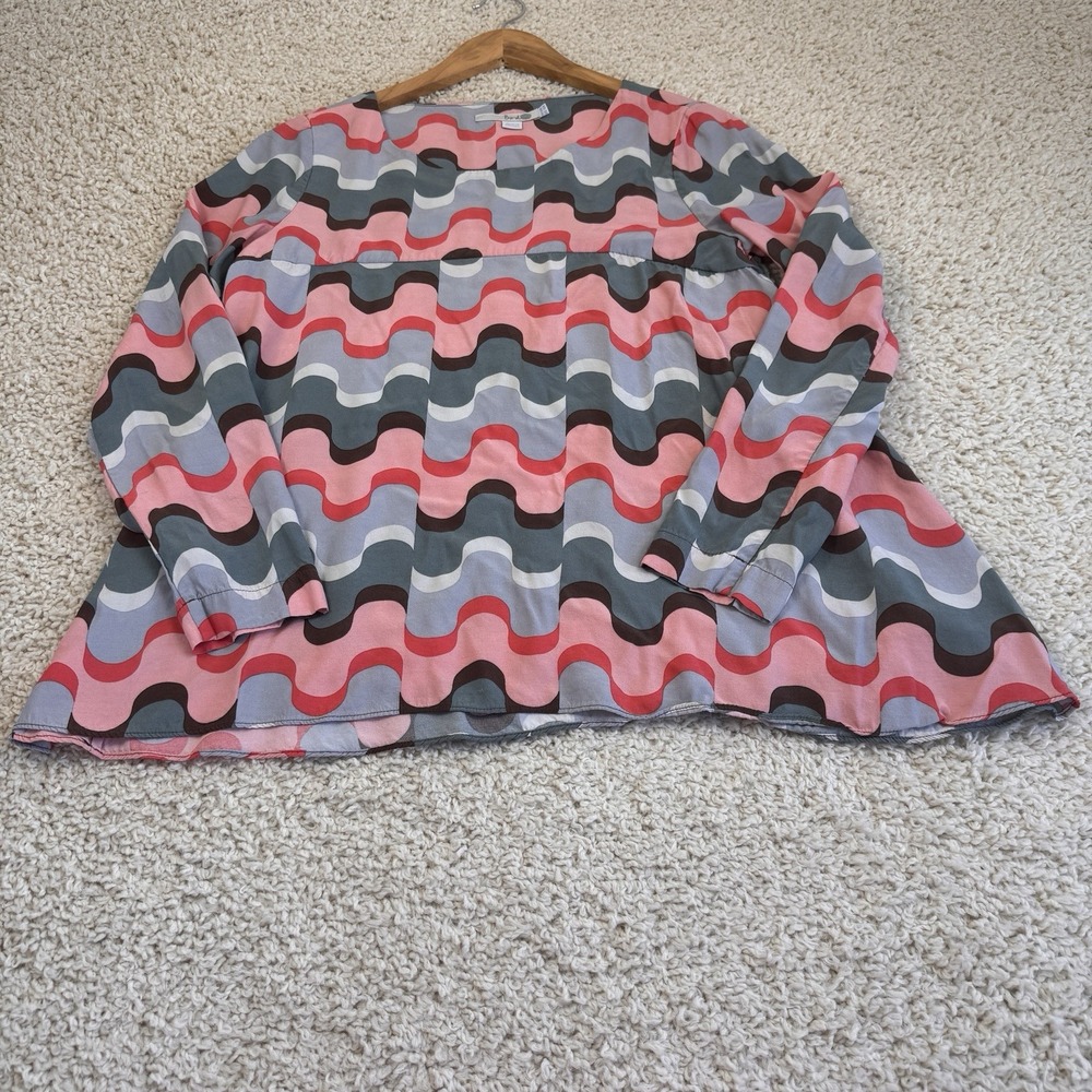 Boden Women's Blouse Size 6R Pink Gray Geometric Wave Print Long Sleeve Peplum